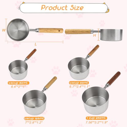 4 Packs Dog Food Scoop Measuring Cup with Wooden Handle, Stainless Steel Pet Food Scoop Dog Food Measuring Cup for Dogs Cats Birds and Rabbits, 1 Cup, 1/2 Cup, 1/3 Cup and 1/4 Cup 4 Packs