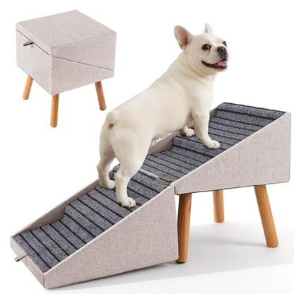 Split Ottoman Dog Ramp for Couch and Bed,17.13" H Dog Stairs for Small Dogs and Cats, Foldable 2 in 1 Pet Steps for Medium Large Dogs and Puppy, Non-Slip Wooden Doggie Steps - size: 17.13" H- Apricot