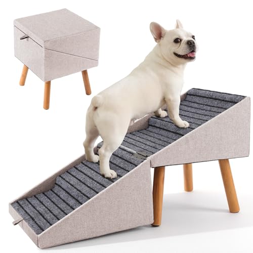 Split Ottoman Dog Ramp for Couch and Bed,17.13" H Dog Stairs for Small Dogs and Cats, Foldable 2 in 1 Pet Steps for Medium Large Dogs and Puppy, Non-Slip Wooden Doggie Steps - size: 17.13" H- Apricot