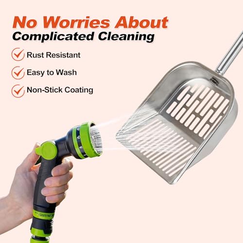 Cat Litter Scoop Metal Mesh, Kitty Scooper for Litter Box Cleaning Speed Sifting, Chicken Poop Scooper for Sand, Litter Sifter Shovel, Dog Coop Pooper Scooper -Stainless Steel Long Handle