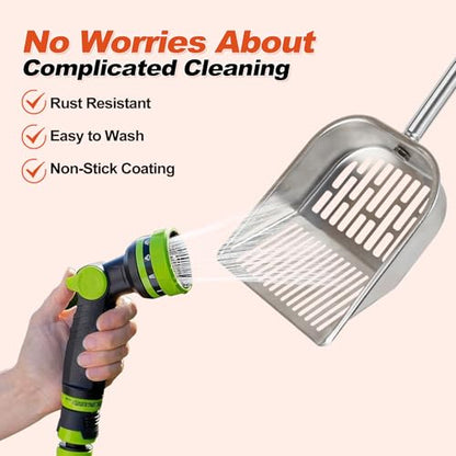 Cat Litter Scoop Metal Mesh, Kitty Scooper for Litter Box Cleaning Speed Sifting, Chicken Poop Scooper for Sand, Litter Sifter Shovel, Dog Coop Pooper Scooper -Stainless Steel Long Handle