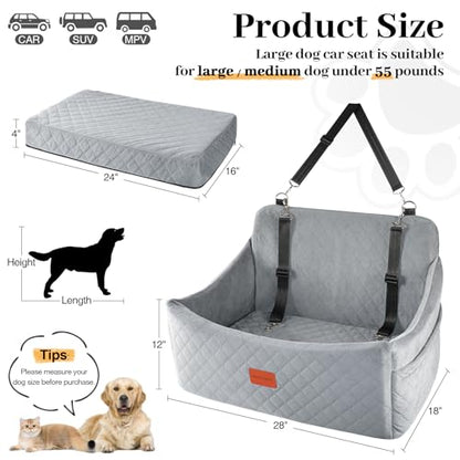 Wooaidagg Dog Car Seat for Medium & Large Dogs Up to 55lbs, Memory Foam Cushion, Washable Cover, Safety Straps & Non-Slip Base(Grey,Large) - color: GREY