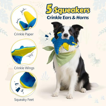 Squeaky Dog Toys for Large Dogs - Plush Dragon Dog Toy with 5 Squeakers & Crinkle Paper, Stuffed Interactive Dog Toy for Gentle Chewers (Blue,10") - color: Blue