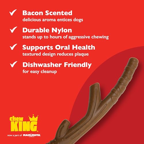 Chew King by Mammoth Up North Bacon-Flavored Nylon Chew Stick Bone, Textured Bacon Flavored Toy, Antler Shaped Pet Toy for Chewing, 9.6" Long - size: Medium, style: Stick (1 Pack)