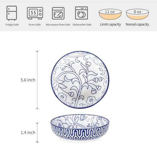 Selamica 세라믹 고양이 그릇, 14cm(5.6인치) 너비의 얕은 고양이 사료 그릇, 음식과 물용, 수염 친화적, 6개 세트, 빈티지 블루 - color: 빈티지 블루, size: 5.6 Inch, Set of 6