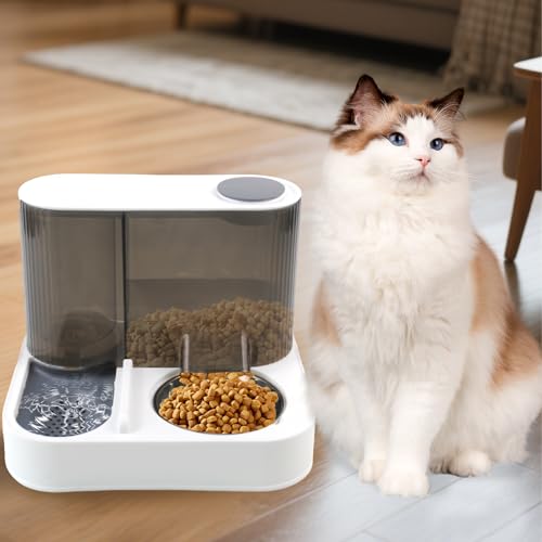 Automatic Gravity Cat Feeder with Stainless Steel Food Bowl, 2 in 1 Cat Feeder and Water Dispenser Combo Detachable Pet Water and Food Dispenser Set for Puppy Kitten Small Dog(Gray) - color: 【Grey】