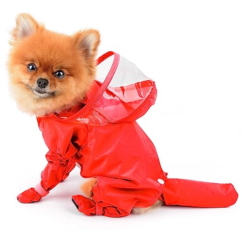 PAIDEFUL Small Dog Full Body Coverage Raincoat Solid Four-Leg Onesie Rain Jacket Waterproof Hoodie Puppy Clothes Button Lightweight Cats Costume, Red, S - color: red, size: S: Chest: 13.8", Back: 10.6"