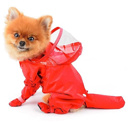 PAIDEFUL Small Dog Full Body Coverage Raincoat Solid Four-Leg Onesie Rain Jacket Waterproof Hoodie Puppy Clothes Button Lightweight Cats Costume, Red, M - color: red, size: M: Chest: 15.7", Back: 12.6"