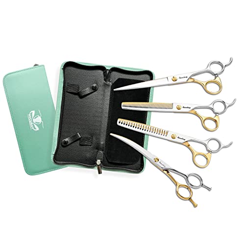 Dog Cat Scissors for Grooming, Pet Shears for Thick Coats and Matted Hair, Thinner Curved Straight Chunker Stainless Steel Shears Gold - color: Gold, size: 7" 4 Piece Set