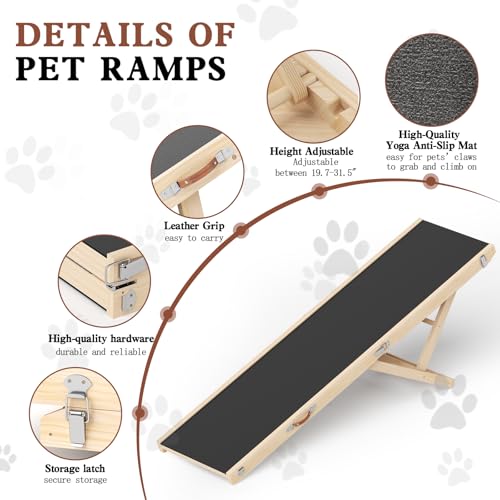 Dog Ramp for High Bed, 64" Long Foldable Pet Ramp for Any Dogs | 5 Heights 19.7"-31.5", Holds 200 lbs, Foldable, No Assembly, For Older/Injured Pets, Solid Wood, Anti-slip Yoga Mat - size: 63"L x 16.7"W x 2.4"H