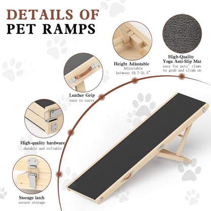 Dog Ramp for High Bed, 64" Long Foldable Pet Ramp for Any Dogs | 5 Heights 19.7"-31.5", Holds 200 lbs, Foldable, No Assembly, For Older/Injured Pets, Solid Wood, Anti-slip Yoga Mat - size: 63"L x 16.7"W x 2.4"H