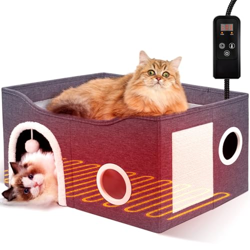 Indoor Heated Cat House, Adjustable Temperature Cat Heating Bed with Timer and Chew Resistant Cord, Large Cat House with Heating Pad for Small Medium and Large Cats - style: With heating pad