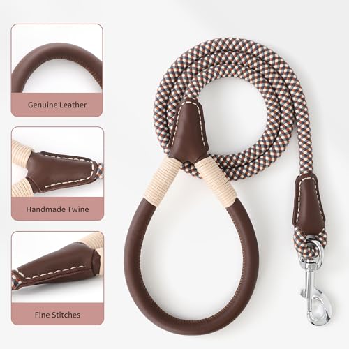 Mile High Life Dog Leash, Rope Leash with Genuine Leather Handle and Heavy Duty Metal Clasp, Great for Small Medium Large Dogs (Brown Check, 4FT) - color: Leather Handle-Brown Check, size: 48 Inch-1/2"