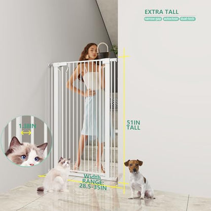 51" Extra Tall Cat Gate 28.5"-35" Wide, Auto Close, Pressure Mounted, for Cats & Small Dogs, Hallway, Stairs, Kitchen,Pet Gate,White - color: White, size: 51"H,28.5-35"W-White