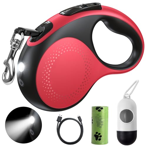 Retractable Dog Leash with Led Light, Douexio 16ft Heavy Duty Dog Leash Retractable for Medium Large Dogs Up to 110lbs,360° Tangle-Free, One-Button Control, High Strength Hook (Red, 66-110lbs) - color: Red, size: 66-110lbs