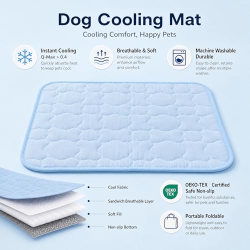 Pet Cooling Mat for Dogs, Breathable & Washable Cat Cooling Mat, Thin & Portable Dog Bed for Crate Kennel Car Sofa Floor, Q-Max>0.4 Indoor Outdoor Summer Use, 24x18, Blue - size: 24" x 18" (S)