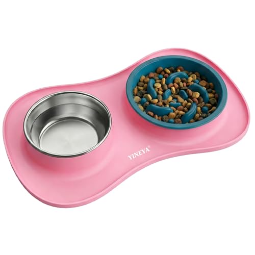 YINEYA 3 in 1 Slow Feeder Dog Bowls & Stainless Steel Food and Water Bowl with Non-Spill Dog Bowl Mat, Anti-Choking Puppy Bowls, Floor Safe & Easy Clean for Large Medium Small Dogs Cats - color: Pink, size: Small