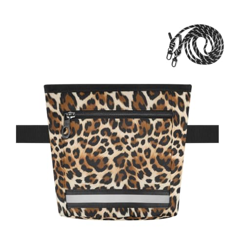 Leopard Spots Water-Resistant Dog Treat Pouch, 3 Ways to Wear Treat Bag with Magnetic Closure & Reflective Strip, Hands-Free for Pet Training, Walking