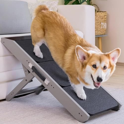 Dog ramp for Couch – Non-Slip, Sturdy Build Foldable Dog ramp – Supports up to 200lbs – Adjustable 7'' to 20'' – Landing Platform Seamlessly Connects – Birchwood Pet Ramp for Small Dogs – Gray