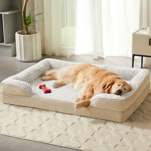 LEXTRO Orthopedic Dog Bed for Extra Large Dogs, Egg Crate Foam Bed for Extra Large Dogs, Equipped with Removable Waterproof Pillow Cover and Anti-Slip Bottom, Pet Bed - color: Beige, size: 28"L x 23"W x 6.5"Th