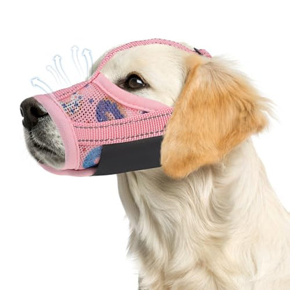 PAWCHIE Dog Muzzle, Soft Muzzle Anti Biting Barking Chewing, Comfortable Air Mesh Mouth Guard Breathable Adjustable Loop Pets Muzzle for Small Medium Large Dogs, Allows Panting Drinking, Pink Donut L - size: L(Snout Cir: 7.09"-9.45")