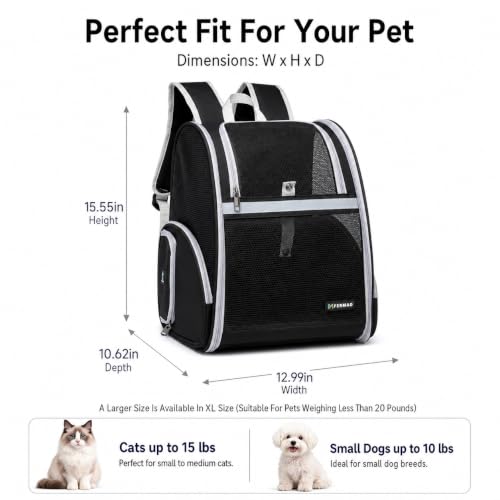 Cat Backpack Carrier for Small Dogs and Medium cat Puppy Kitten Bunny Pet Carrier Backpack Collapsible with Fully Ventilated Mesh with Safety Leash (Black, 12.9" L x 10.62" W x 15.5" H - M) - color: Black, size: Medium