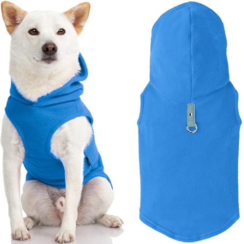 Gooby Fleece Vest Hoodie Dog Sweater - Blue, X-Small - Warm Pullover Dog Hoodie with O-Ring Leash for Small to Medium Dogs - color: Blue, size: X-Small (Around 4-lb)