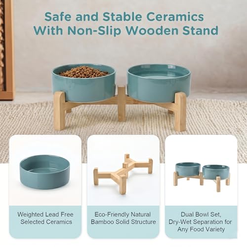 SPUNKYJUNKY Elevated Dog Bowls Ceramic, 5.1'' Dogs and Cat Food Water Bowls Raised with Non-Slip Bamboo Stand for Puppy Small Sized Breed Microwave Dishwasher Safe - 13.5 OZ,Dark Green - color: Dark Green, size: 5.1 in - 1.7 cups