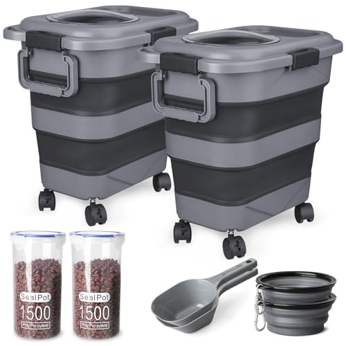 Dog Food Storage Container，2 Pack 25 lbs Airtight Collapsible Cat Food Storage Container with Attachable Wheels, Portable Handle, Dog Food Scoop for Dog Cat Bird Pet Dry Food Storage Bin Large - color: Dark Grey, size: Large 2 Pack