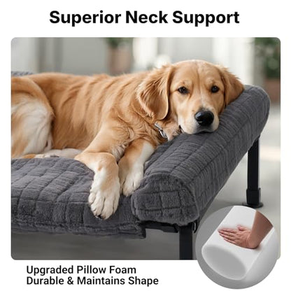 Veehoo Elevated Dog Bed Large Sized with Fluffy Plush Bolster Cushion, Washable Orthopedic Dog Couch Bed, Cooling Raised Pet Cot with Removable Mat, Breathable Mesh, No-Slip Feet, 45 x 34 inches, Grey - color: Grey, size: 45"L x 34"W x 7.9"Th
