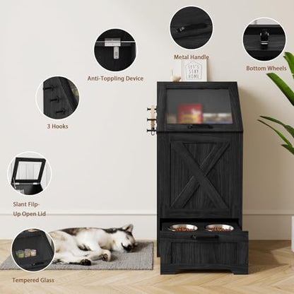 Dog Feeding Station with 2 Elevated Bowls, Dog Food Storage Cabinet with Pet Toy Organizer and Flip Top Pet Feeding Station,Hidden Pet Feeder Station for Cats and Dogs - color: Dog Feeding Station-Black
