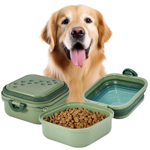 Collapsible Dog Water Bowl 30oz, 2 in 1 Portable Travel Dog Food Bowl with Lid, Easy Carry Loop Handle, Foldable Dog and Cat Food Bowl, Perfect for Traveling, Walking, Hiking (Green)