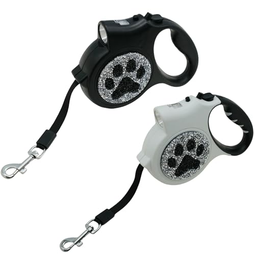Led Retractable Dog Leash – 16ft Leash with Handcrafted Sparkle Detail Tangle-Free One-Hand Brake Soft Grip Handle for Small & Medium Dogs Up to 77lbs (DL-White) - color: DL-White
