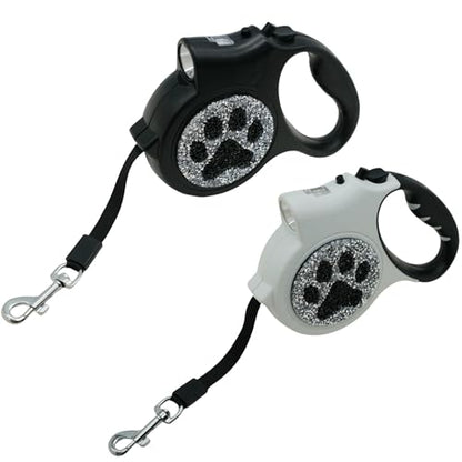 Led Retractable Dog Leash – 16ft Leash with Handcrafted Sparkle Detail Tangle-Free One-Hand Brake Soft Grip Handle for Small & Medium Dogs Up to 77lbs (DL-White) - color: DL-White