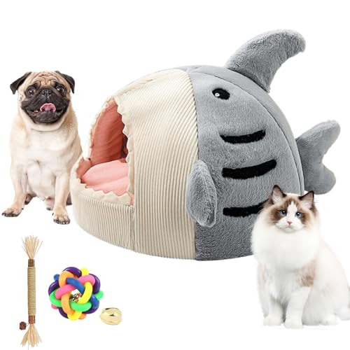 Shark Cat Bed, Shark Shaped Kennel, 2026 Cute Winter Warm Soft Shark Mouth Cat Bed Cave, Kitten Bed Hideout House for Cat, Small Dogs (Gray, 15 * 13.8 * 12.6in, Under 6.6 lbs cat) - color: Gray, size: 15*13.8*12.6in, Under 6.6 lbs cat