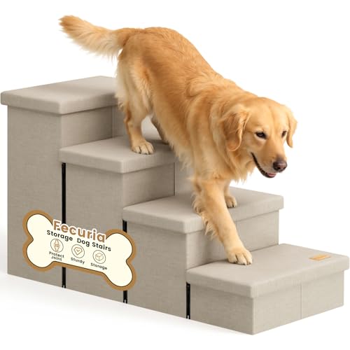 4-Step Wide Dog Stairs with Storage 23" H, Non-Slip Sturdy Pet Steps for High Bed Couch Window, Pet Stairs for Small/Medium/Large Old Dogs Cats Up to 220lbs, Cat Dog Steps for Car/SUV, Beige - color: Beige, size: 4-Steps Storage (40"D x17"W x23"H)