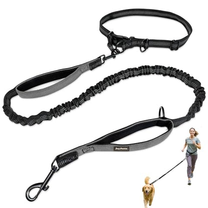 Hands-Free Bungee Dog Leash for Running Walking Small Medium Dogs | 4-6ft length, 28-47in adjustable waist belt, 2 reinforced handles, shock absorbing, reflective anti-pull, grey handles - color: Grey