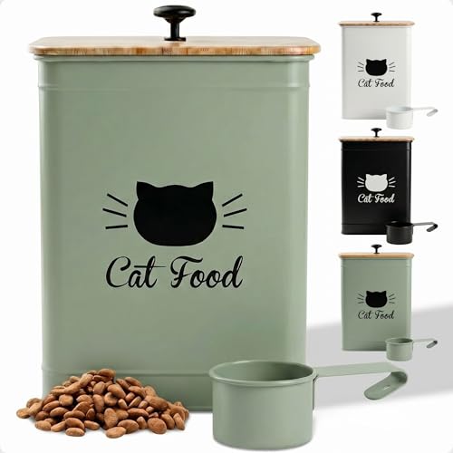Cat Food Storage Container with Scoop - 5-7lb (25 Cup) Capacity Metal Cat Kibble Canister with Airtight Bamboo Lid and Metal Scoop - Airtight Pet Food Storage Containers 5 lb - 7 lb Kibble Container - color: Sage Green