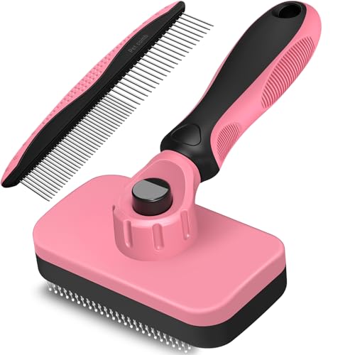 2PCS Self Cleaning Slicker Brush & Dog Comb - Skin Friendly Deshedding Grooming Tool for Dogs, Cats and Small Animals, Professional Deshedding Dematting Tool for Long and Short Haired Pets (Pink) - color: Pink