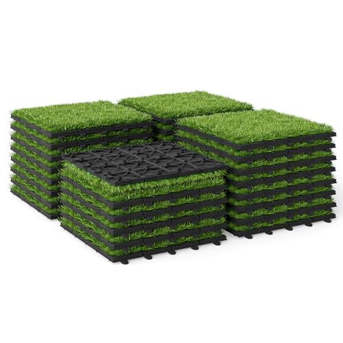 Giantex Artificial Grass Interlocking Deck Tiles, 30 PCS Fake Turf Flooring with Drainage Base, Snap-Together Outdoor Grass Tiles for Patio, Balcony, Poolside, Dog Potty Area & Indoor Outdoor Decor