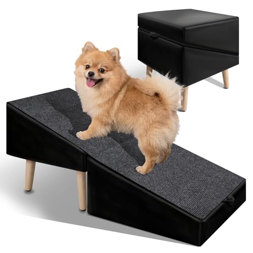 Split Ottoman Dogs Ramp, Dog Ramp for Couch and Bed, Dog Stairs for Small Dogs and Cats, 2-in-1 Foldable Wooden Pet Stairs and Ottoman, Non-Slip Fabric Surface Ramp for Couch and Bed Black - color: Black