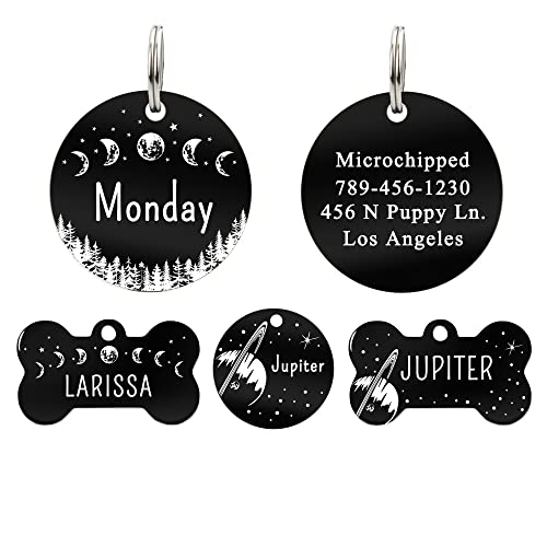 UltraJoys Stainless Steel Personalized Dog & Cat ID Tags - Custom Engraved Front and Back, Round Design with Lunar Phases, Small - color: .Round-lunar Phases, size: Small