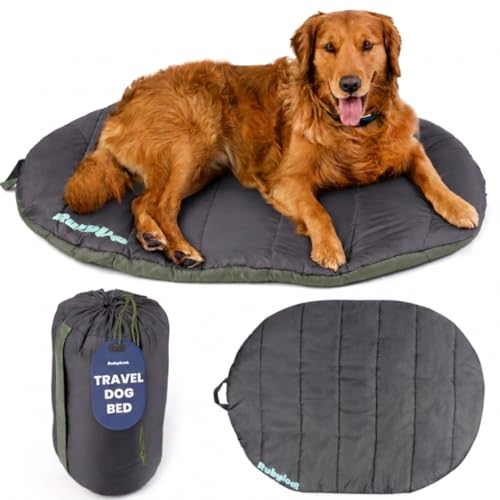 Travel Dog Bed (42" x 30") – Foldable & Packable for Travel, Road Trip, Camping – Lightweight, Water Resistant & Cozy Soft Padding – Compact, Portable & Machine Washable – Medium & Large Breeds: Black - color: Midnight Forest, size: Large