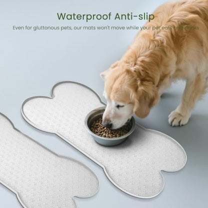 PWTAA Dog Food Mat Anti-Slip Silicone Dog Bowl Mat Thicker Pet Placemat Waterproof Cat Feeder Pad with Raised Edge Puppy Kitten Feeding Mats Suitable Small Medium-Sized Dogs Cats Eating Tray - 2PCS - color: White, size: 19.4" x 9.8"-2PCS