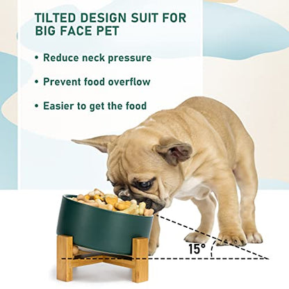 SPUNKYJUNKY 15° Slanted Ceramic Dog and Cat Bowl with Wooden Stand, Tilted Bulldog Food and Water Bowl No Slip Non-Spill for Cats Medium Dogs Big Face Pets 28.7 OZ (3.6 Cups, Green) - color: Green, size: 3.6 CUPS × 1