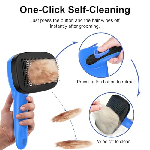 Self Cleaning Slicker Brush for Dog and Cat Deshedding, Blue | Shedding Brush for Dogs & Cats, One-Click Retractable Bristles for Easy Cleaning Flying Hair at Home - color: Blue 1 PCS