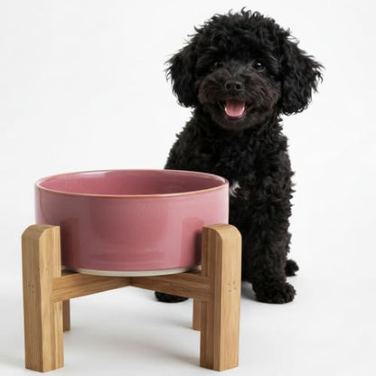 hjn Elevated Ceramic Dog Bowl with Bamboo Stand, Raised Pet Feeding Station for Small Medium Dogs Cats, Modern Design with Anti-Slip Base (Deep Pink, 3.6Cup) - color: Deep Pink, size: 3.6Cup