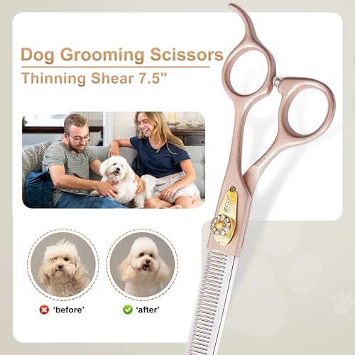 Professional Dog Grooming Scissors Rose Gold 440C Stainless Steel Straight Thinning Curved Chunker Shears for Pet Grooming Services Dogs and Cats (Thinning, 7.5‘’) - size: 7.5‘’, style: Thinning