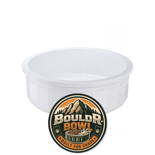 Pet Crock Bowl – Thick Durable Plastic Non-Tip Food & Water Dish for Dogs, Cats & Small Animals – Indoor/Outdoor – Chew Resistant, Easy Clean (White, Large 48oz) - color: White, size: Large 48oz