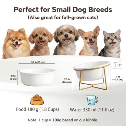 White Small Ceramic Tilted Elevated Cat Dog Bowl Raised Cat Food Water Bowl Dish Pet Comfort Feeding Bowls with Gold Iron Stand - color: White, size: Small